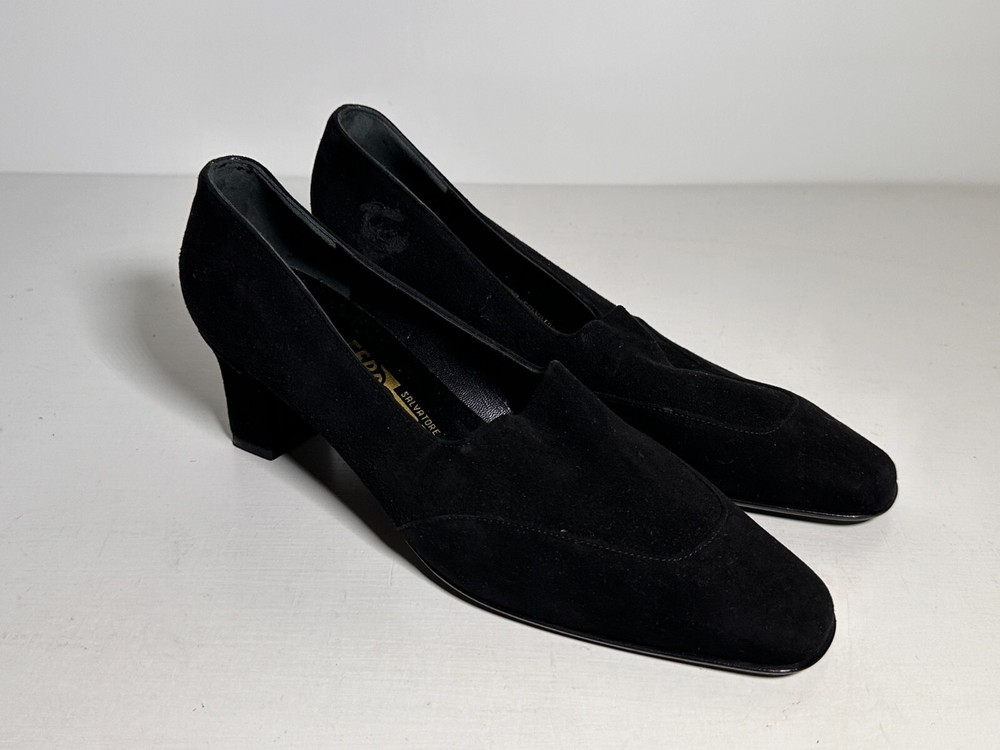 Salvatore Ferragamo Black Suede Heels Women Size 7 C (Wear)
