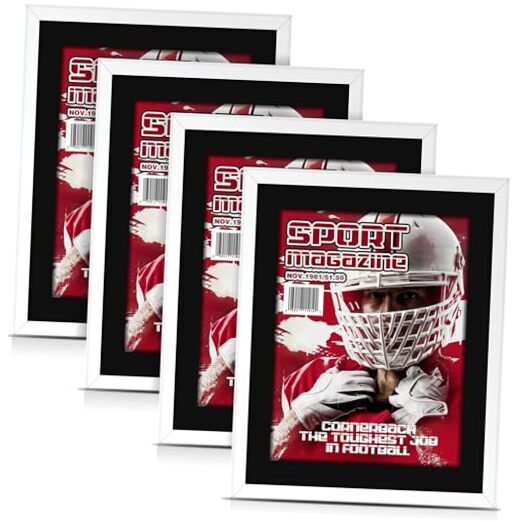 4 Pcs Sports Magazine Frame Fits Magazine Measuring 8.5 x White (Black Mat)