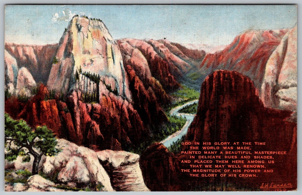Vtg Linen Postcard Angels Landing Great Zion National Park, UT 1940s