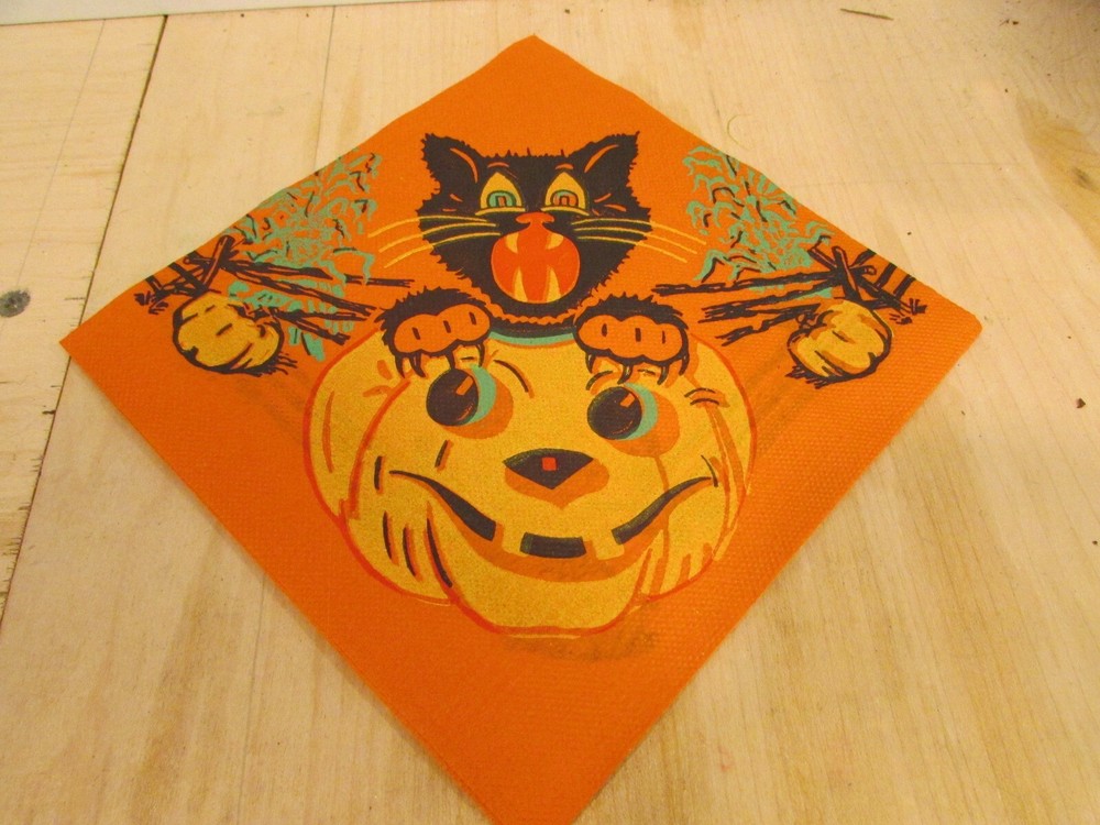 Vintage Beach Products Halloween Crepe Paper Napkin Black Cat Jack O Lantern