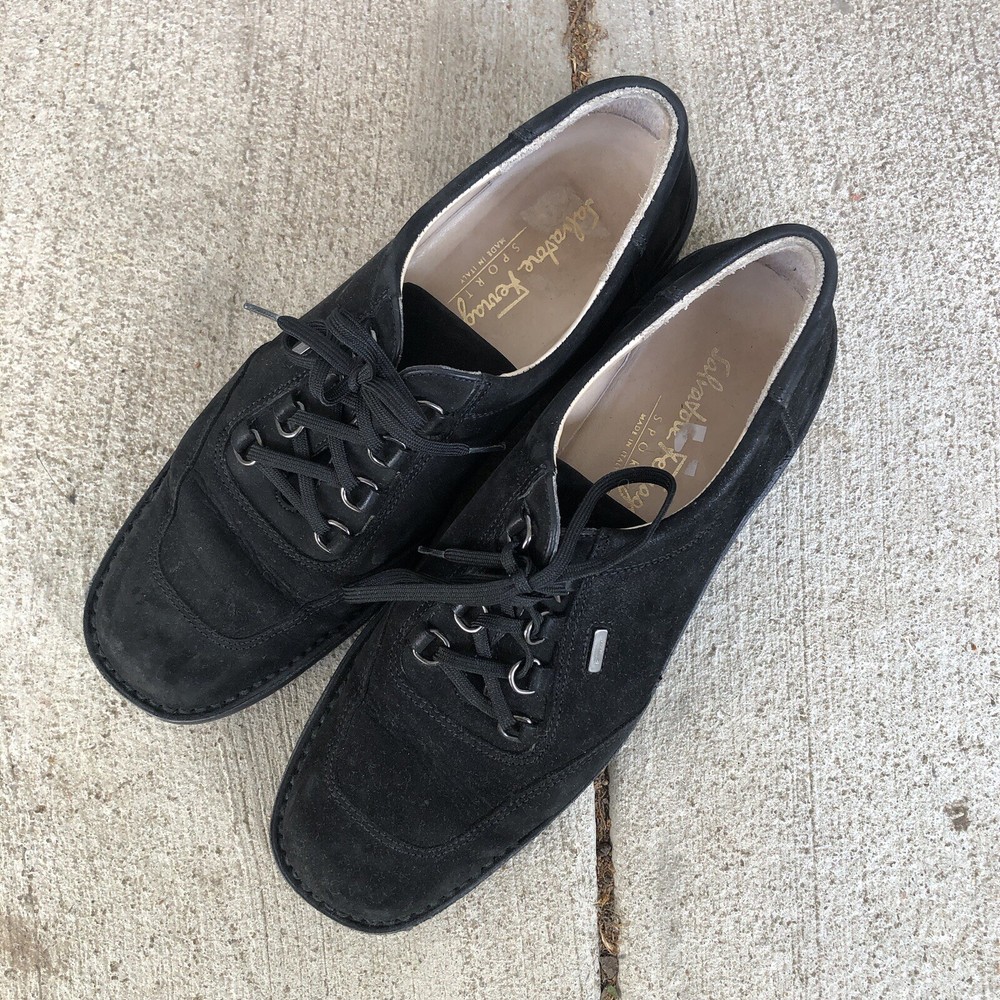 Vintage Salvatore Ferragamo Sport Women Black Suede Lace Up Wedge Shoes Size 8