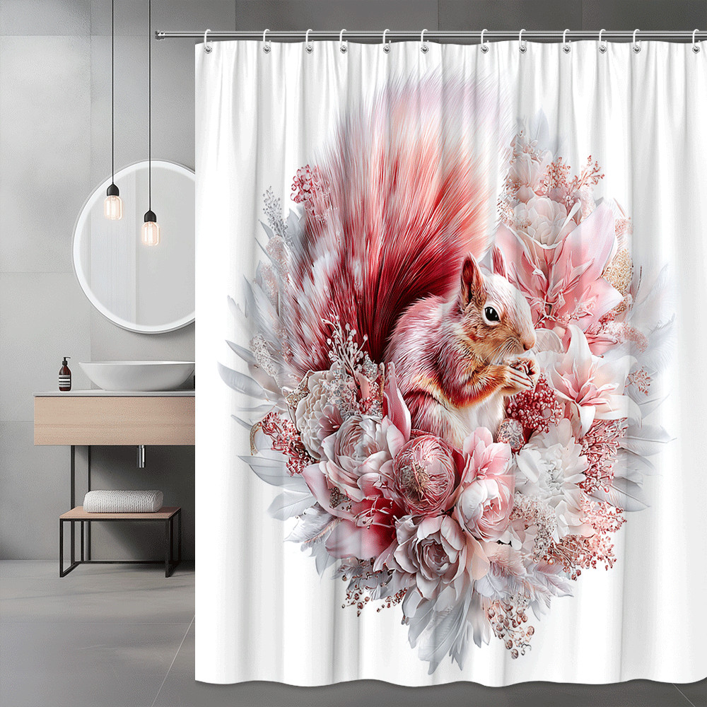 Squirrel and Floral Shower Curtain Pink White Nature Print