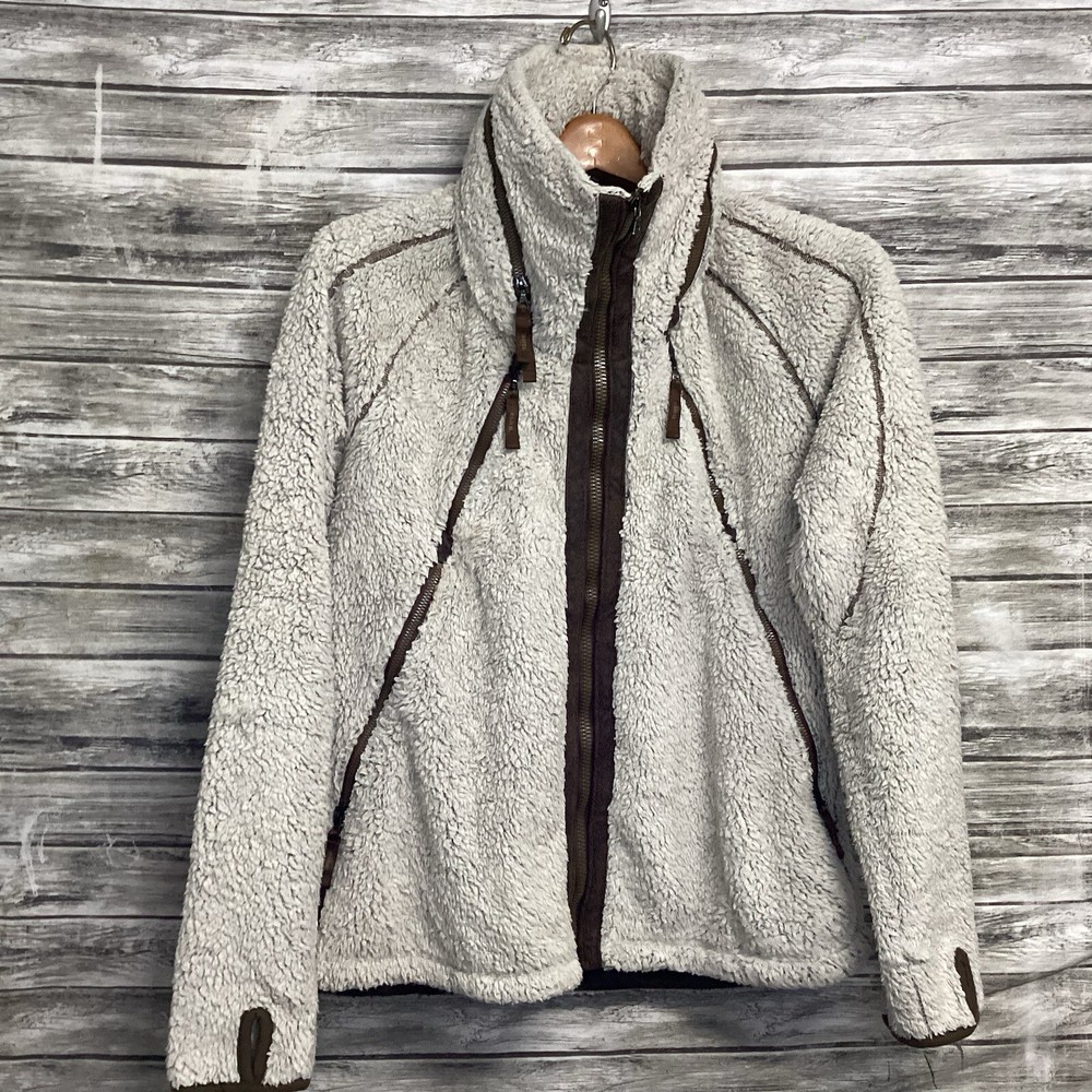 Kuhl Flight Jacket Womens Large Hooded Fleece Thumb Loops Zip Pockets Deep Pile