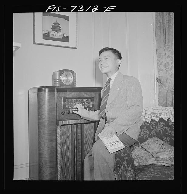 Photo:Asian American Man Radio Listener 1940s Home Interior Portrait