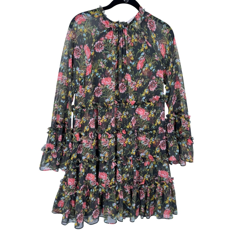 Cinq a Sept Sunniva Fairy Chiffon Floral Ruffle Tiered Mini Dress Size 2 Sheer