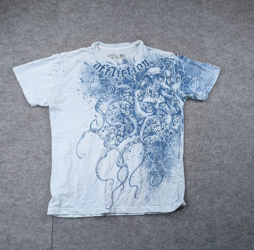 Affliction Graphic Shirt Men Large Blue Y2K Nautical Skull AOP Streetwear Grunge