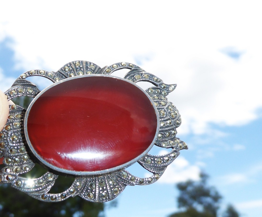 Amazing Vintage Large Sterling Silver Carnelian Stone With Marcasites Brooch