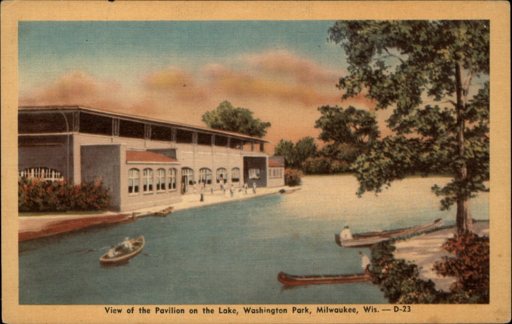 Pavilion Lake Washington Park Milwaukee Wisconsin ~ 1940s linen postcard