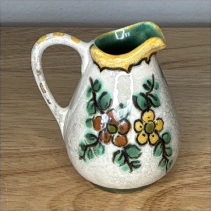 Hand Painted Floral Ceramic Pitcher Glossy Round Pottery White Green Yellow