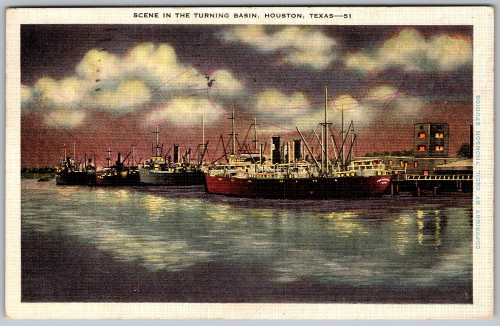 Vtg Linen Postcard Turning Basin Port Scene Houston, TX 1930s