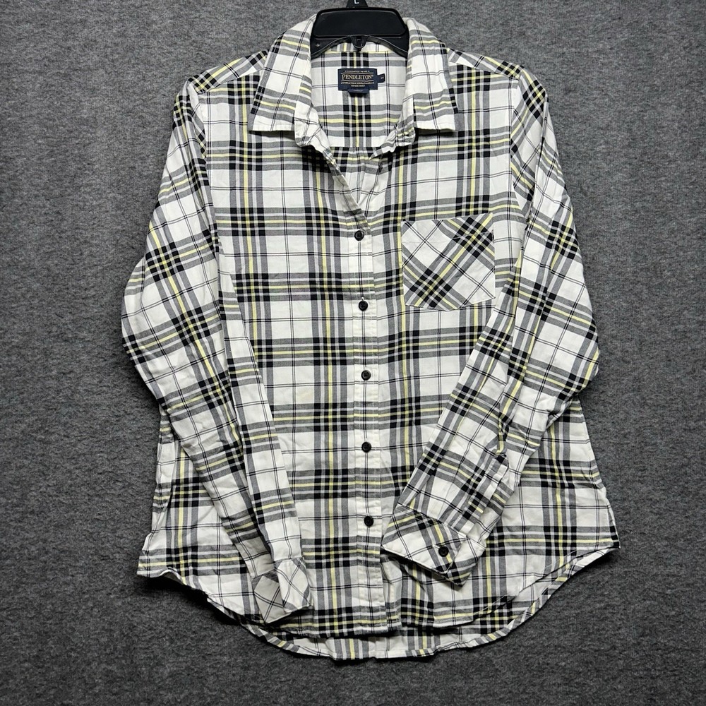 Pendleton Plaid Flannel Shirt Size M White Black Long Sleeve Button Up Cotton