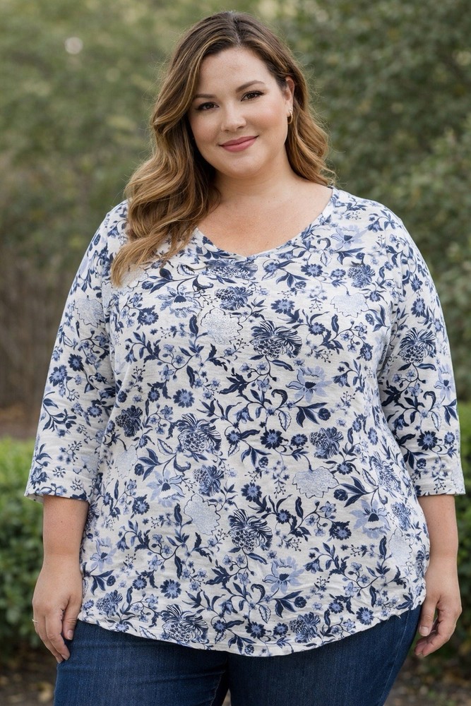 Rachel Zoe 100% Linen Blouse Women’s 3X White Blue Floral Stretch EUC