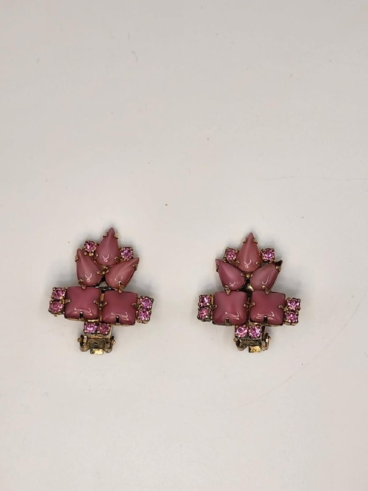 Vintage Clip-On Earrings Pink Satin Finished Rhinestones With Small Purple Ones