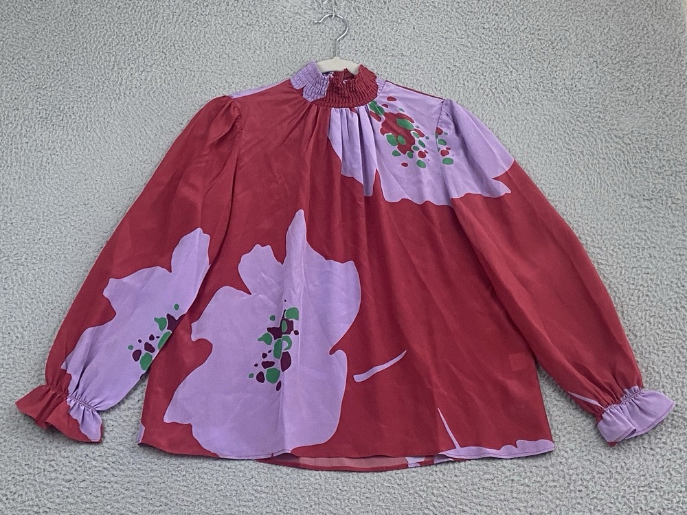Tucker Stella Crepe de Chine Silk Blouse Long Sleeve Size S Purple Poppies Flowy