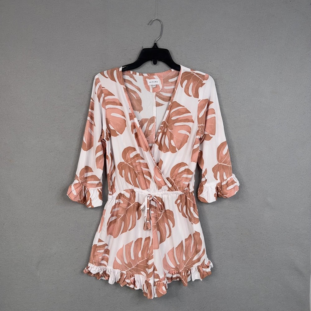 Piyama Romper Womens Small White Tropical Leaf V Neck Ruffle 3/4 Sleeve Sleep