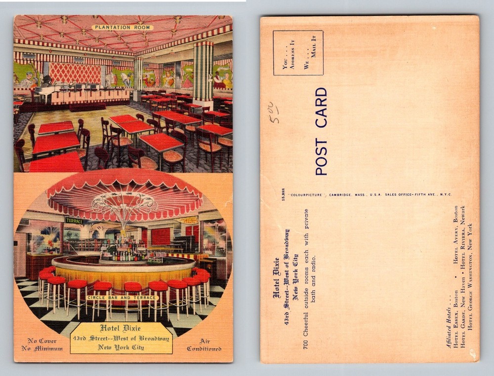 New York City NY, Hotel Dixie Plantation Room Circle Bar Vintage Postcard