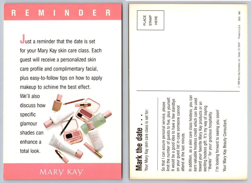 Vintage 1990 Mary Kay Cosmetics Skin Care Class Reminder Postcard Unposted
