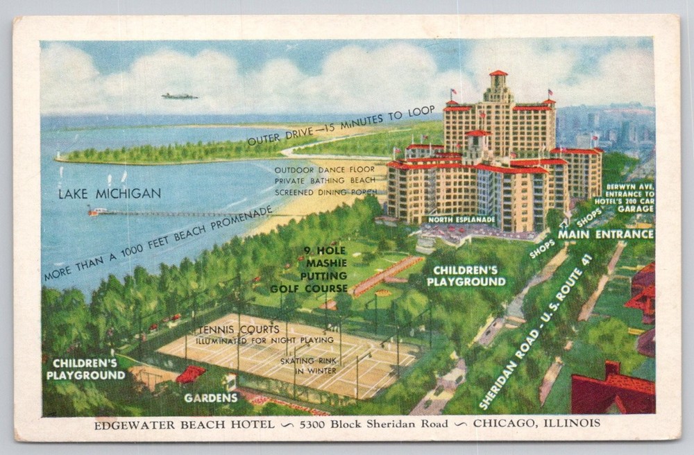 Edgewater Beach Hotel Chicago IL Lake Michigan Linen Postcard Aerial View