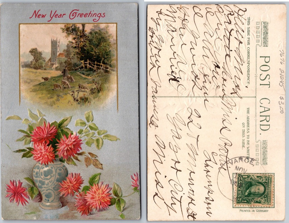 New Year Floral Church Sheep Postcard