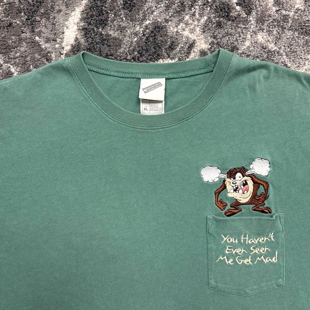 Vintage Looney Tunes Taz Shirt Mens XL Green 90s Tasmanian Devil Embroidered