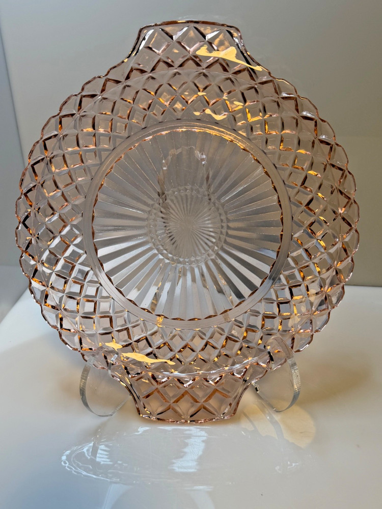 Vintage Anchor Hocking Waterford Waffle Pink Depression Glass Handled Cake Plate