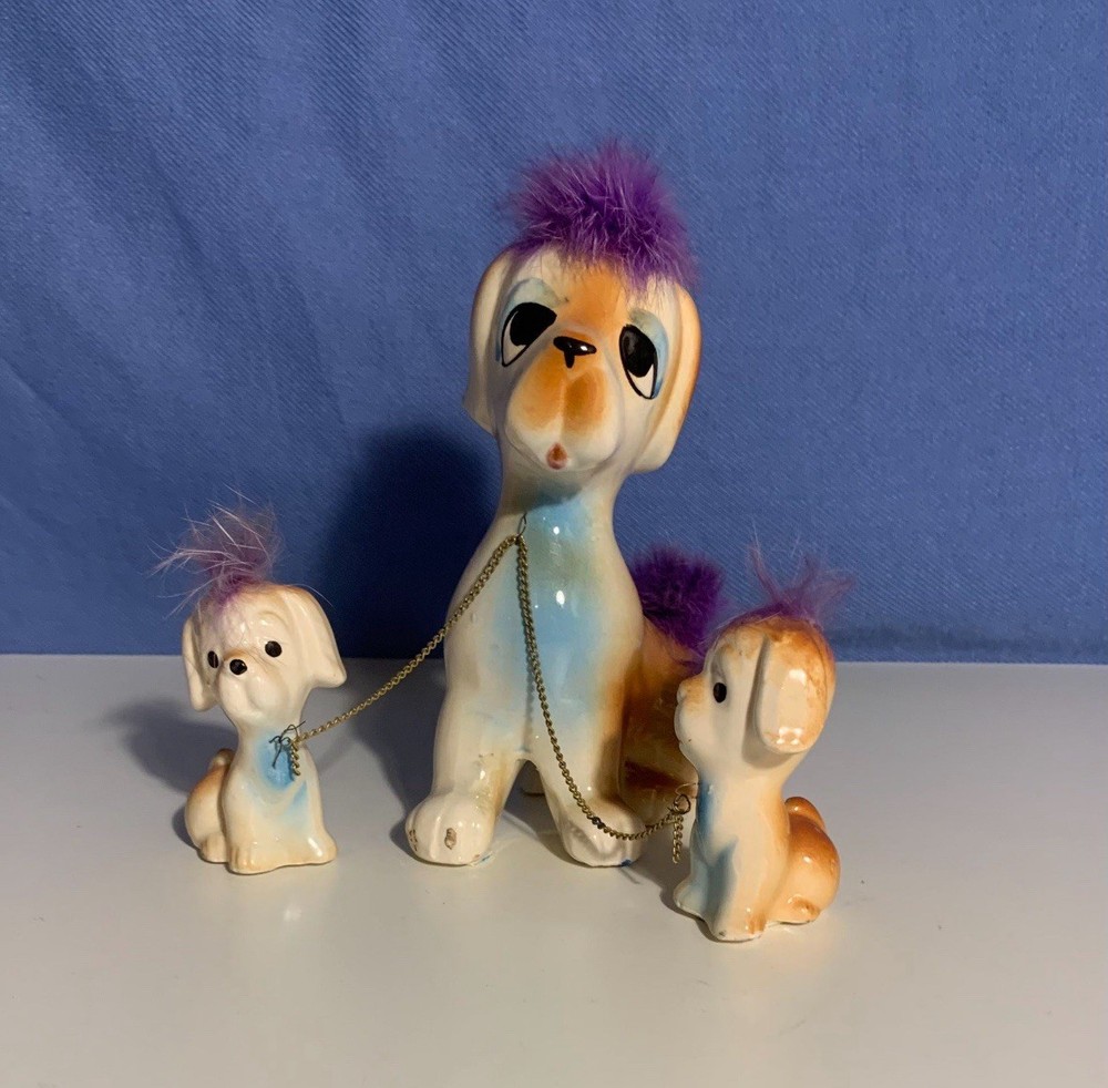 Vintage Ceramic & Fur Dog Figurines