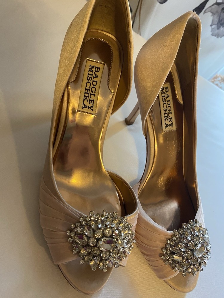 Badgley Mischka Women'sBlush Colored Dress Heels with Rhinestone Brooch 6.5