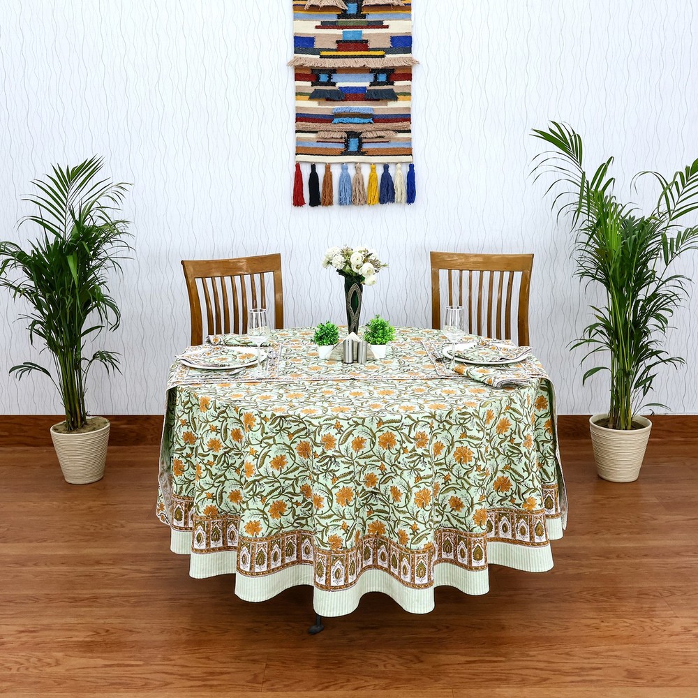 Handblock Printed Round Cotton Tablecloth For Dinning, Home Decor Table Linens