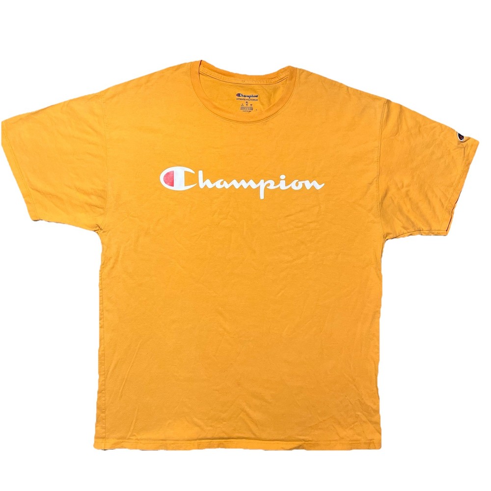 Champion Script Logo T Shirt Mens XL Yellow Athleticwear Classic Tee