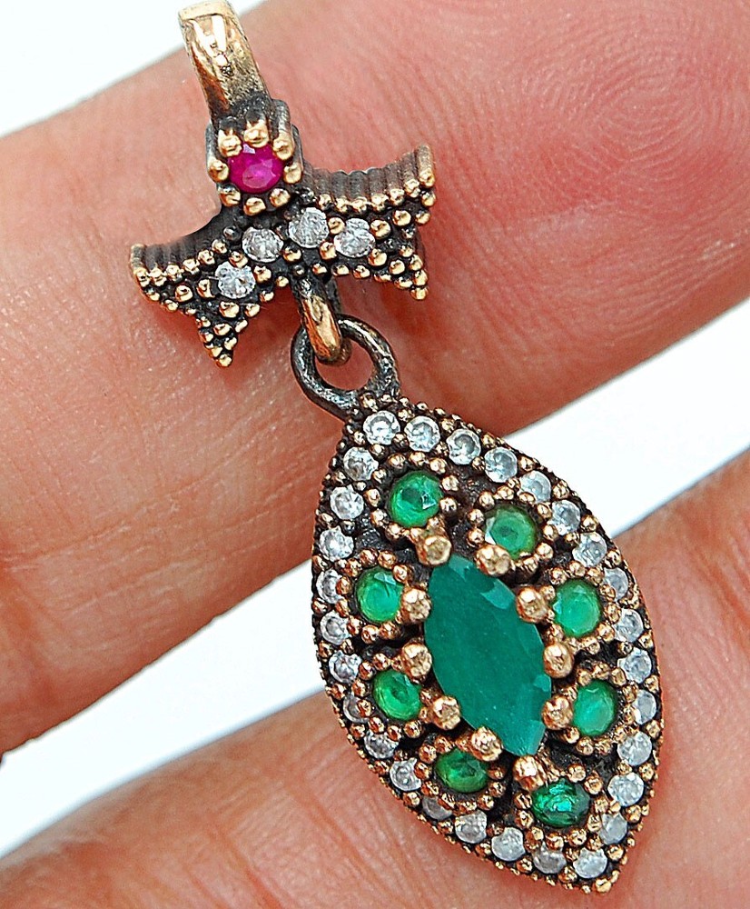 Ottoman Style 3CT Treated Emerald 925 Sterling Silver Pendant TC5