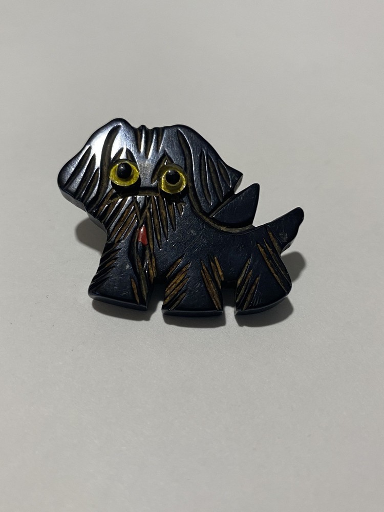 Vintage Bakelite Black Carved Scottie Dog Brooch Pin Rare W/Eyes