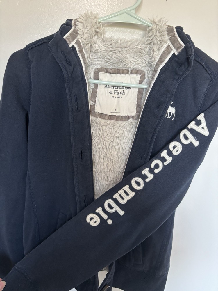 Abercrombie & Fitch Y2K Vintage Navy Button Up Hoodie, Faux Fur Lining, Size S