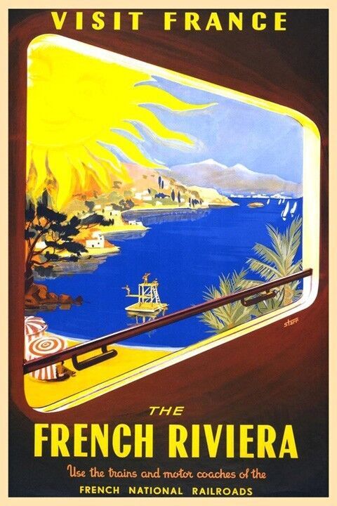 VISIT FRANCE FRENCH RIVIERA SUN BEACH TRAIN TRAVEL TOURISM VINTAGE POSTER REPRO