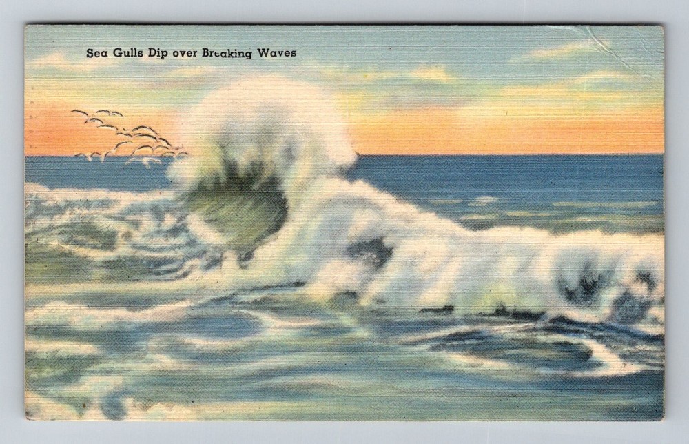 Sea Gulls Dip over Breaking Waves Ocean Sunset Scene Vintage c1944 Postcard