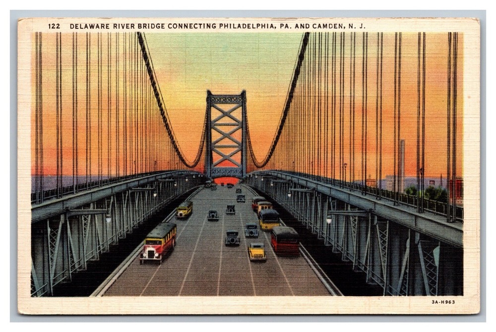 Camden, NJ New Jersey, Delaware River Bridge to Philadelphia, PA, Linen Postcard