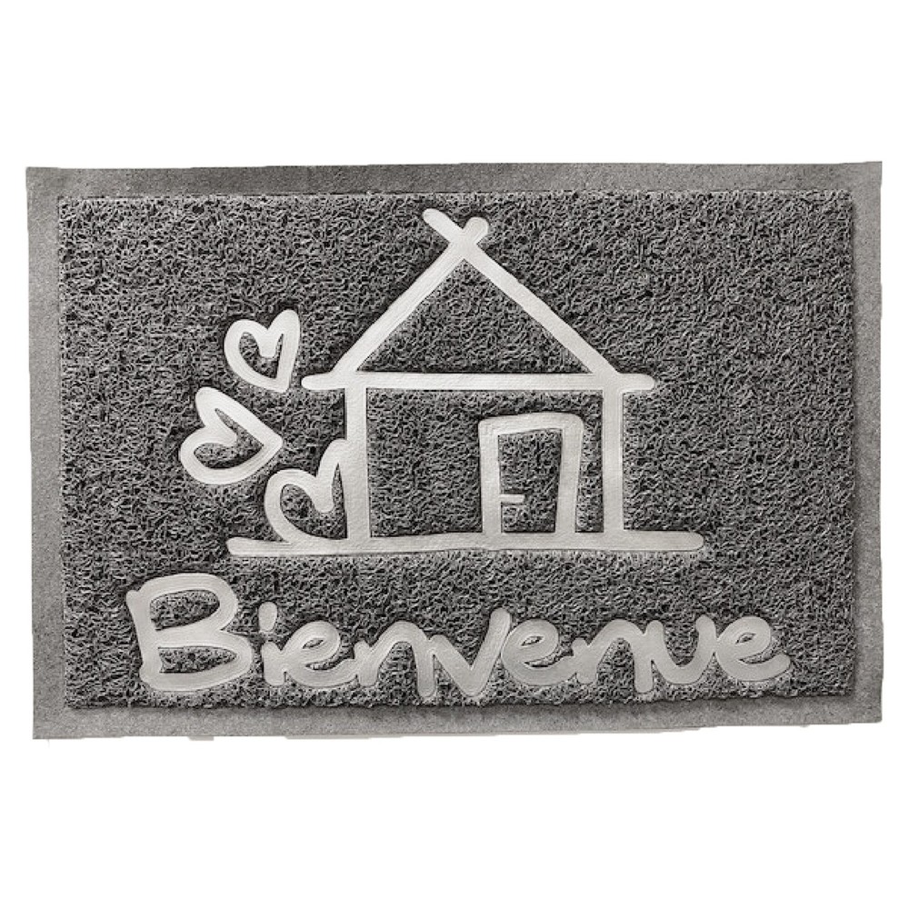 Non-Slip Recycled PVC Welcome Outdoor Door Mat Bienvenue Grey 16x24