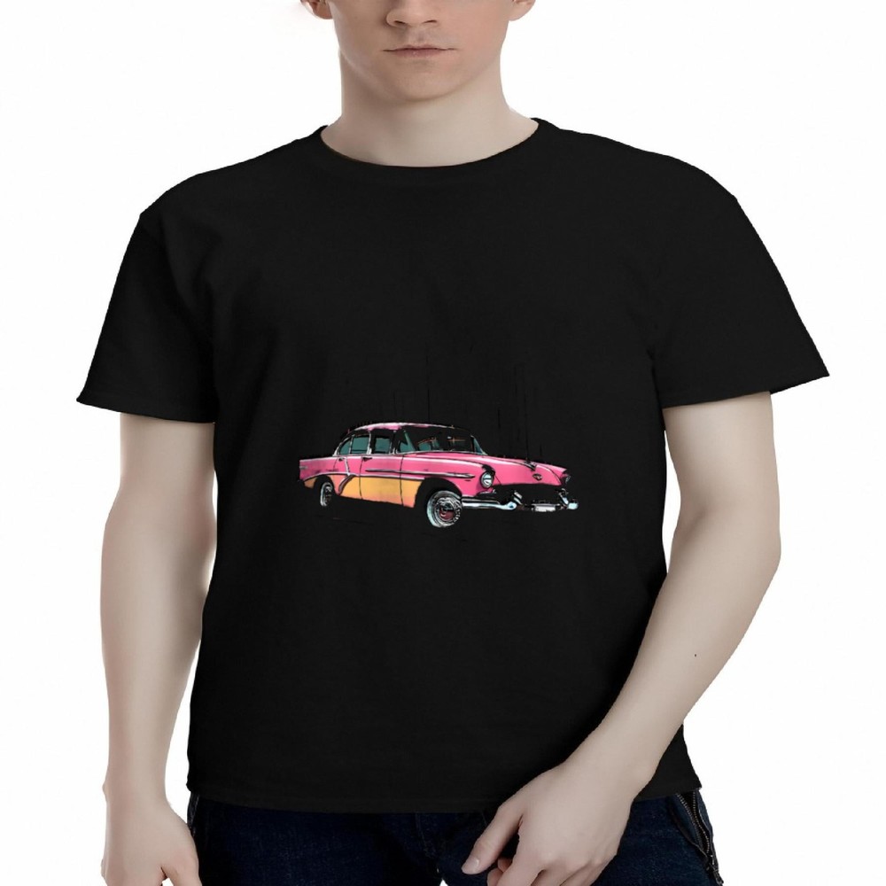 Men's Cotton Short Sleeve T-Shirts - Vintage Car Graphic Tee with Vibrant Pink