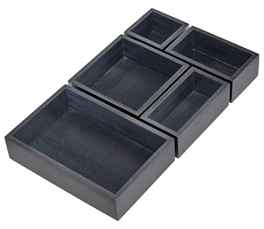 Acacia Drawer Organizer Set of 5, Cabinet Container Box, Wood Bin Set in Black-image
