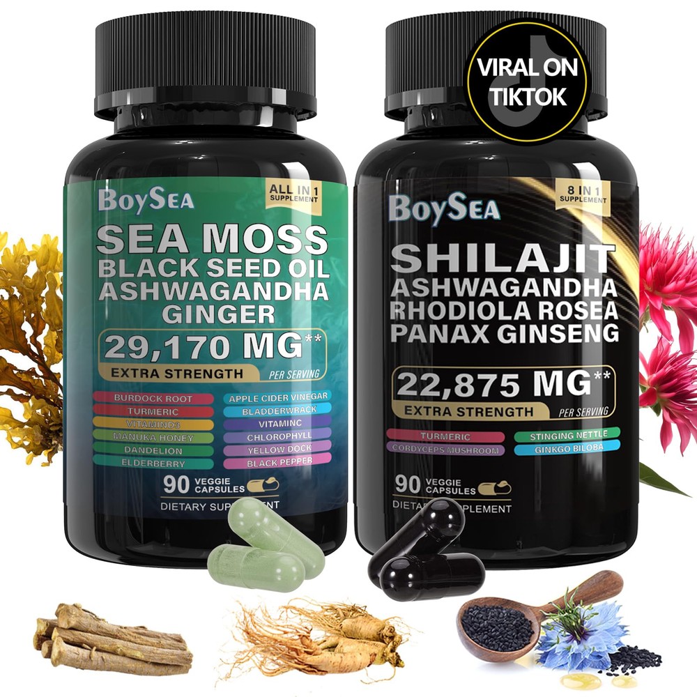 Boysea.Shilajit and Sea Moss Bundle- 90 Count - Sea Moss 7000mg, Black Seed O...