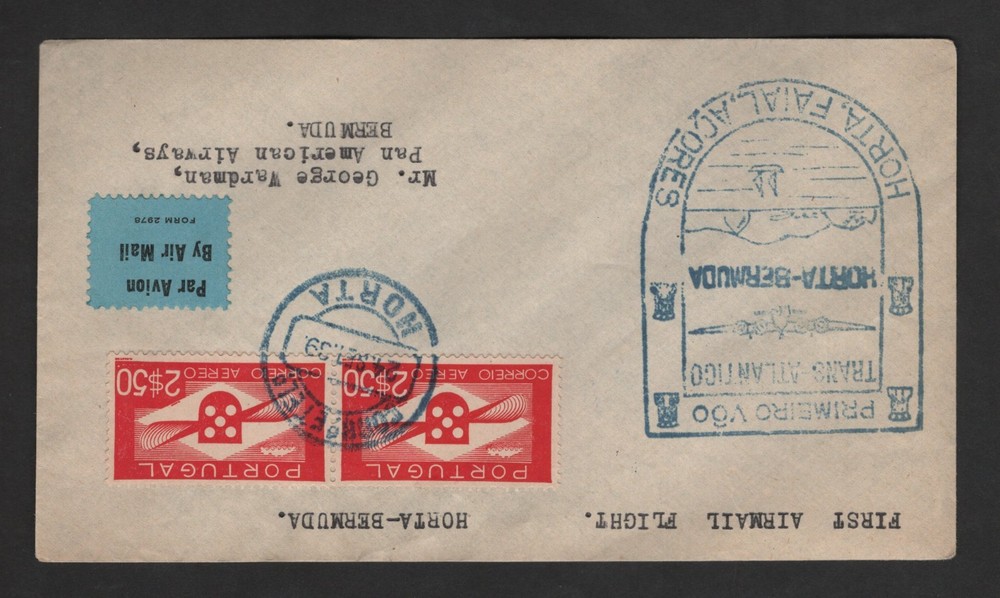 PORTUGAL 1939 FIRST FLIGHT COVER HORTA-BERMUDA SCARCE TRANS ATLANTICO CACHET