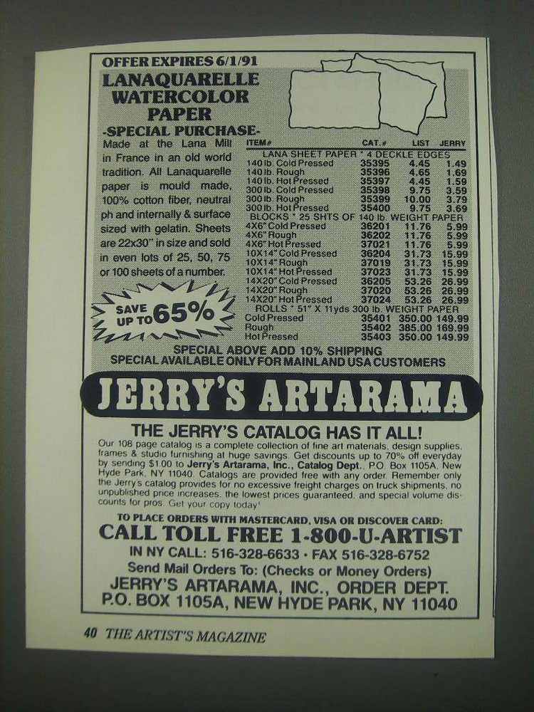 1991 Jerry's Artarama Ad - Offer Expires 6/1/91 Lanaquarelle Watercolor paper