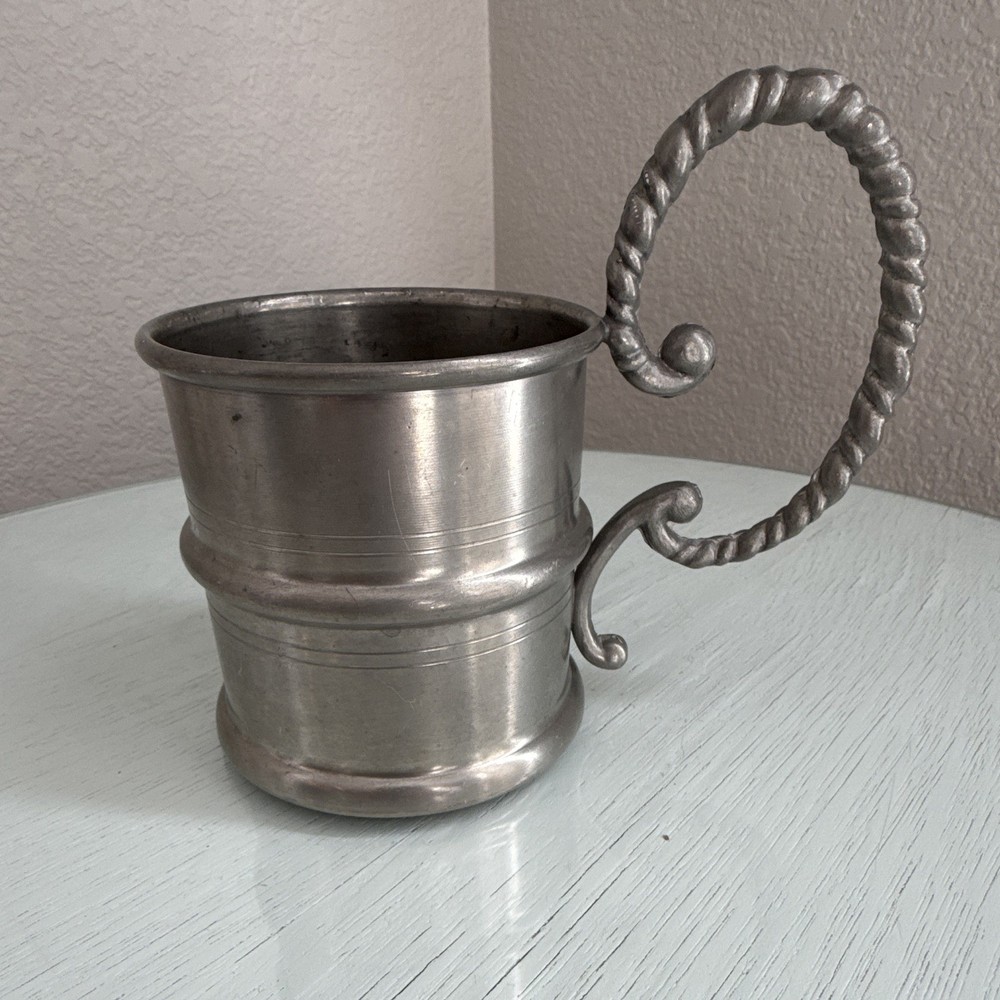 Antique H&S Zinn Pewter Mug Tankard with Ornate Twisted Rope Handle Vintage 4