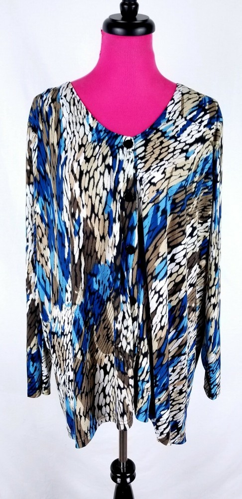 Ulla Popken Plus Size 20 Blue Brown Abstract Button Front Shirt Jacket for Women-image