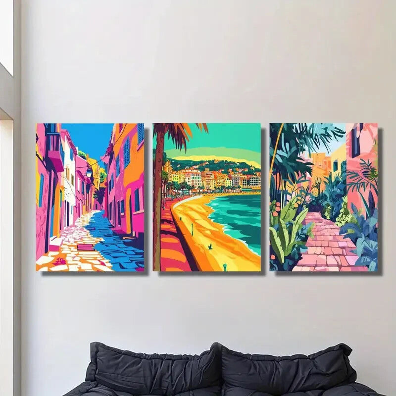 3pcs Ocean, beach, city landscape, Metal Print  Ready to Hang Art