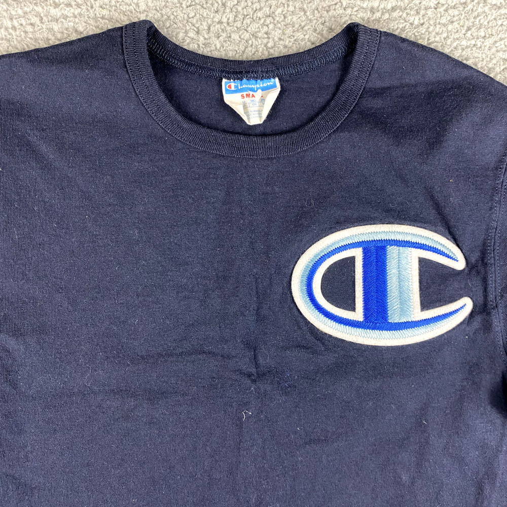 VINTAGE Champion T Shirt Mens Small Navy Embroidered Big Logo Y2K 90s Skater