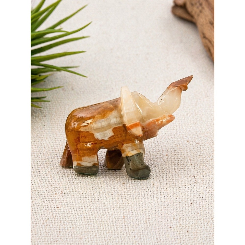 Vintage Hand Carved Onyx Elephant Figurine Brown Banded Stone Good Luck Decor