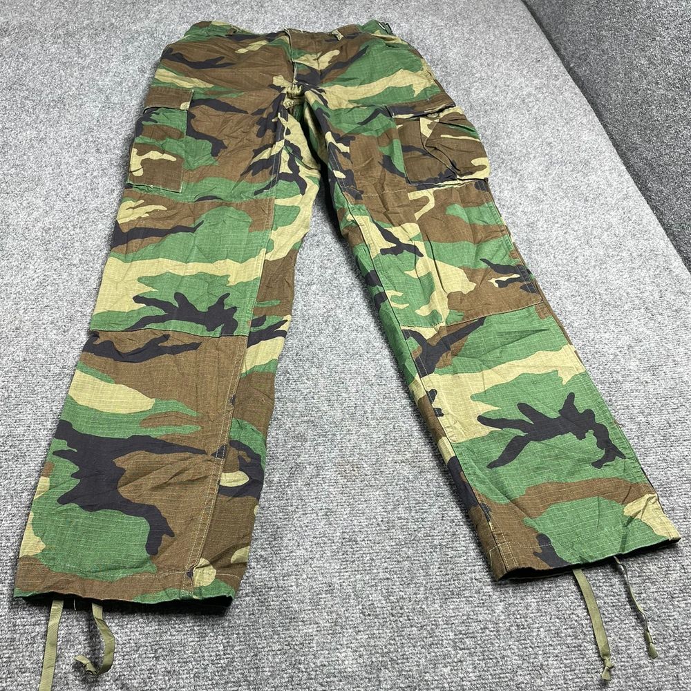 Men's Green Camo Military Cargo Pants Regular Fit Button Closure Size Small-Long