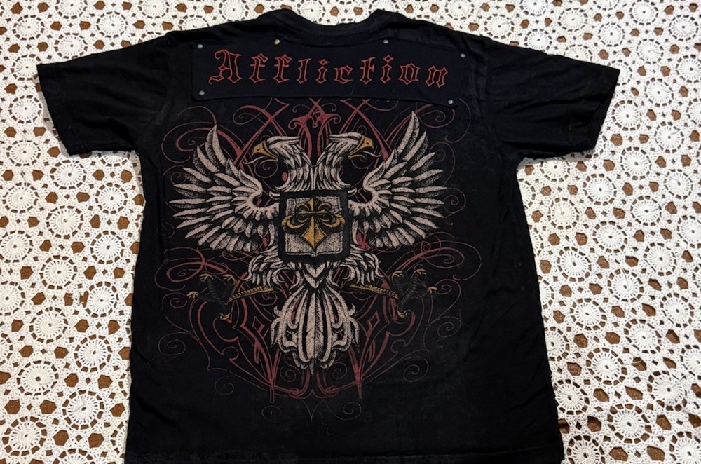 Vtg Y2K  Affliction Two Headed Gothic Eagle Rose Print Black Shirt Large Grunge