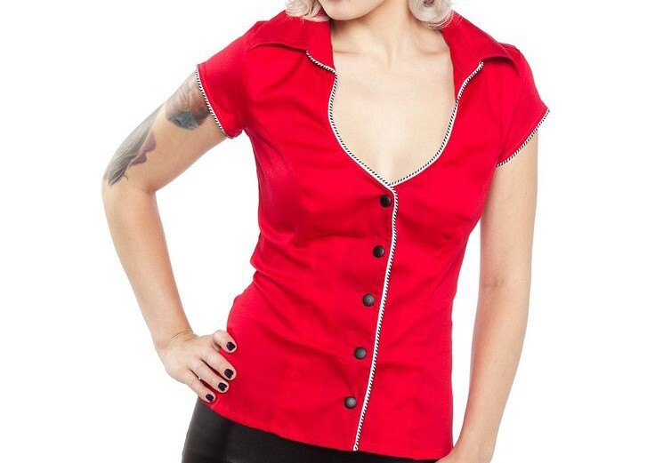 Switchblade Stiletto top blouse rockabilly retro punk pinup button down red M