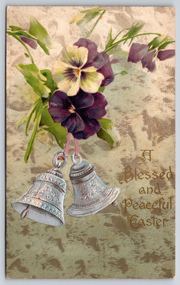 Holiday~Blessed & Peaceful Easter~Silver Bells~Purple Flowers~Vintage Postcard